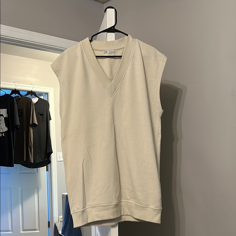 Zara Beige V-Neck Sleeveless Sweatshirt Dress